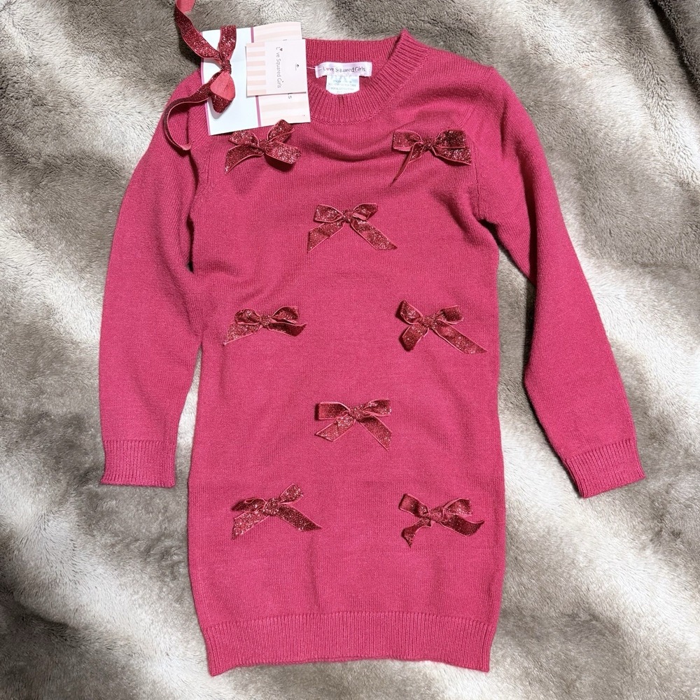 Love Squared Girls Red Long‎ Sleeve Sweater Dress with Sequin Bow Appliques